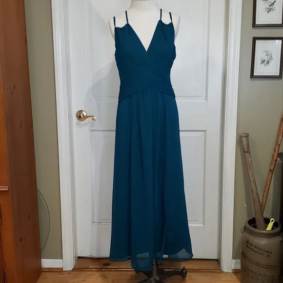 bridesmaid dresses dark teal Dark Teal Matte Satin Maxi Dress With Gathered Side And Lace-Up Back | main image 1
